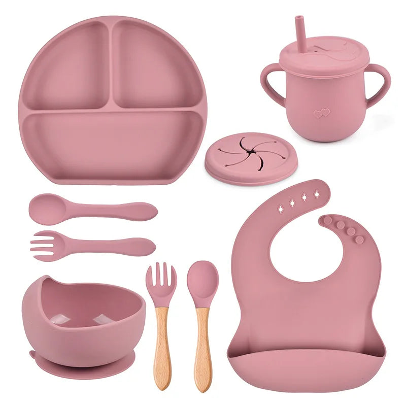 3/9Pcs Baby Tableware Set Food Grade Silicone Baby Dishes for Children's Cute Print Bib Bowl Non-Slip Plates with Sucker BPAFREE