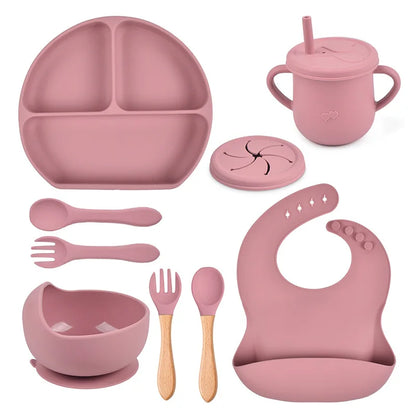 3/9Pcs Baby Tableware Set Food Grade Silicone Baby Dishes for Children's Cute Print Bib Bowl Non-Slip Plates with Sucker BPAFREE
