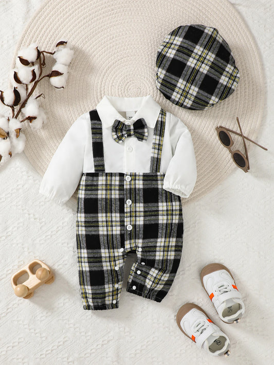 Newborn Literary Style Boy Baby Lapel False Strap Black Plaid Color Matching Jumpsuit Long Sleeve Button Cardigan Hat