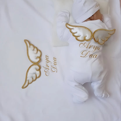 Dollbling 3pcs Wings Outfits Plus Blanket Any Name Embroidery Sweetwood Gift Set Baby Pajamas Hat Welcome Home Ceremonial dress