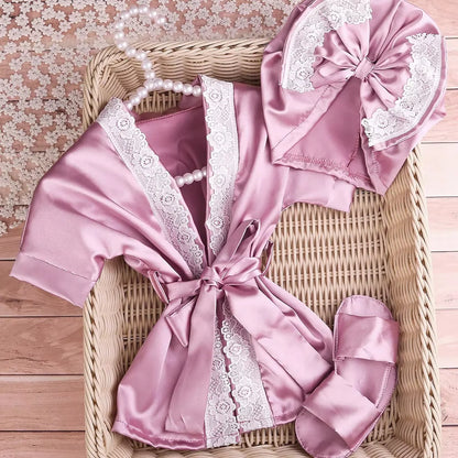 3PCS Newborn Photography Outfits Set 1 Month 100 Days Baby Girl Lace Dathrobe With Bow Turban Hat And Slippers Photo Props