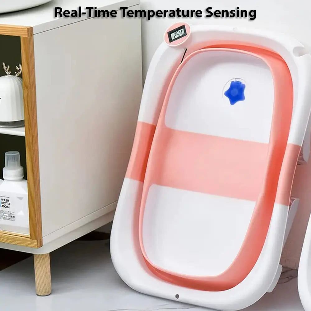 Foldable Baby Bath Tub with Bath Cushion Infant Tub with Thermometer Non-Slip Collapsible Baby Bathtub Newborn to Toddler