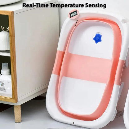 Foldable Baby Bath Tub with Bath Cushion Infant Tub with Thermometer Non-Slip Collapsible Baby Bathtub Newborn to Toddler