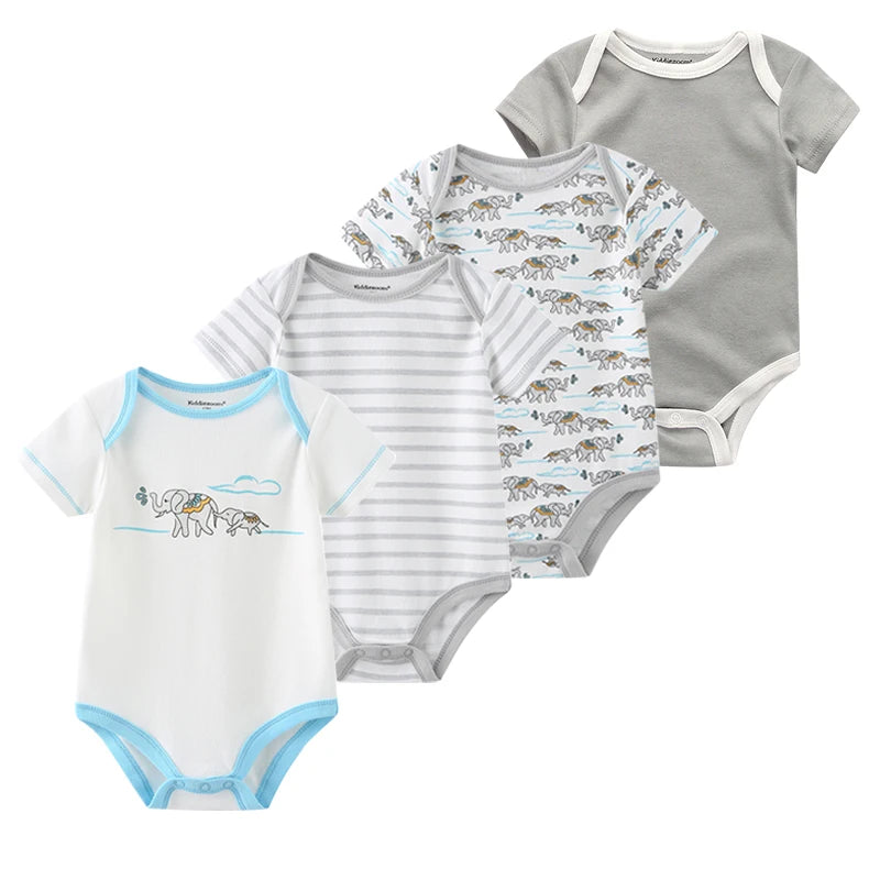 4-Piece Baby Romper Set, Soft Cotton Cartoon Print Short Sleeve Bodysuits for Newborn Boys and Girls (0–12M)