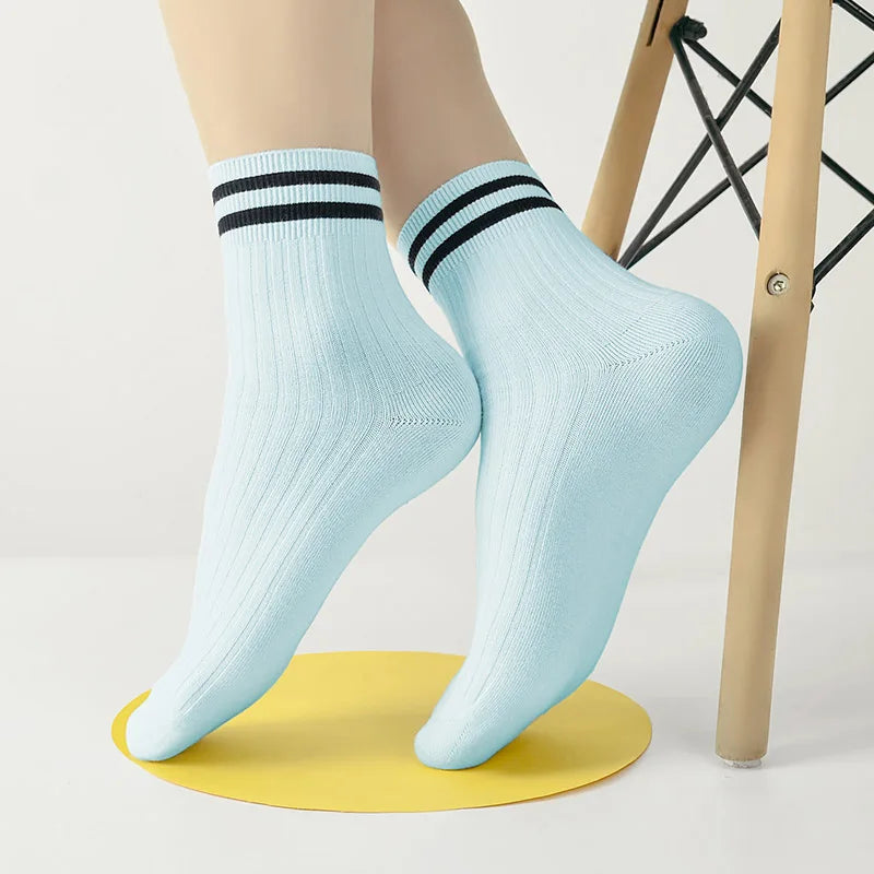 Kids Boys Girls Cotton Socks - Seamless Double Needle Ribbed 2-Stripe, All Season School Home Sports Socks