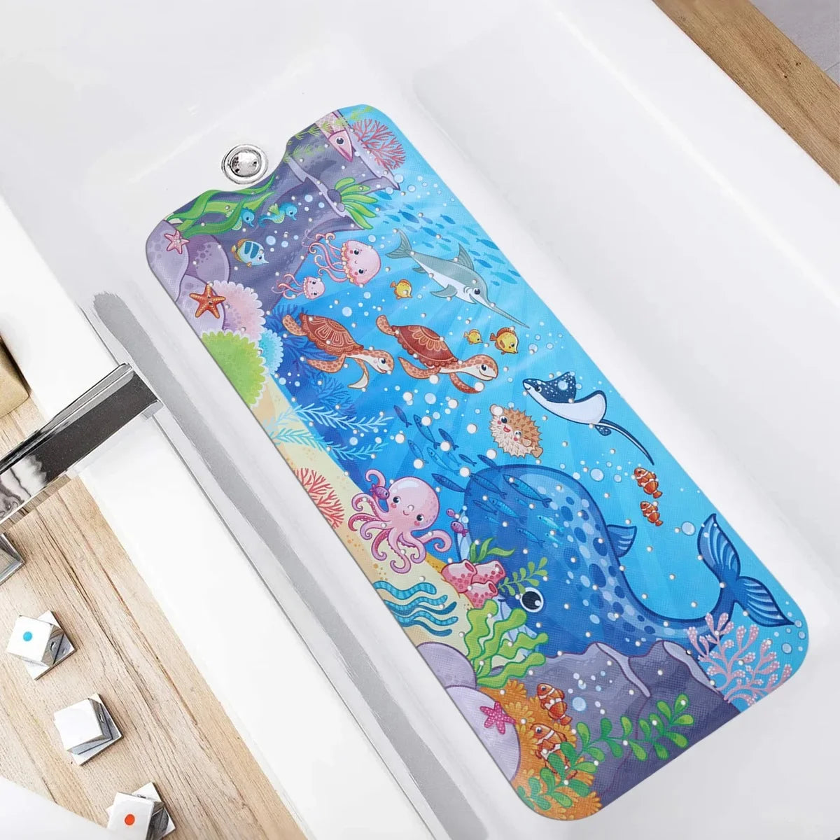 1pc Cartoon Extra Long Bathtub Mat 40x100cm Non-Slip Bathmat Suction Cups & Drain Holes