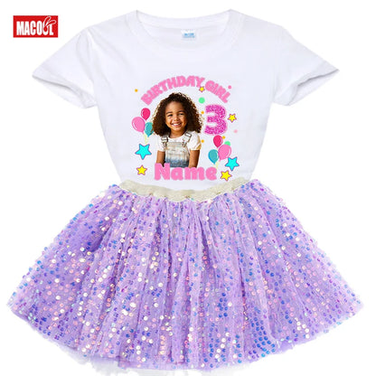 Custom Photo Birthday Girl Shirt And Tutu Set Girls' Party Dress Outfit with Name Personalization Child's Special Day Clothing