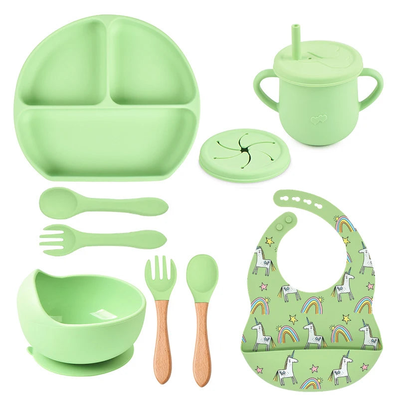 3/9Pcs Baby Tableware Set Food Grade Silicone Baby Dishes for Children's Cute Print Bib Bowl Non-Slip Plates with Sucker BPAFREE
