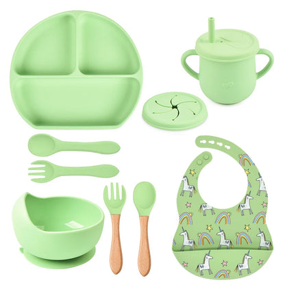 3/9Pcs Baby Tableware Set Food Grade Silicone Baby Dishes for Children's Cute Print Bib Bowl Non-Slip Plates with Sucker BPAFREE