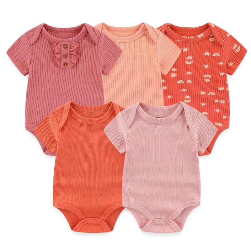 5-Piece Newborn Baby Bodysuit Set, Unisex Cotton Sleeveless Rompers with Cartoon and Solid Color Designs for Boys and Girls