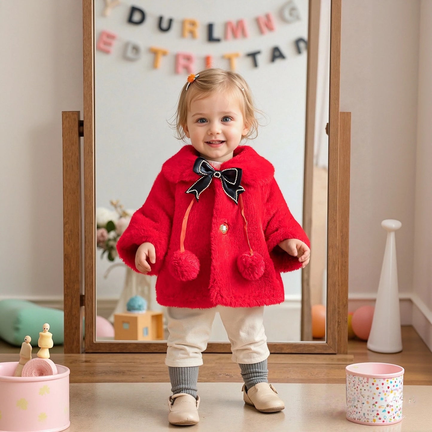 Winter Clothes Bow Solid Color Lapel Fleece-Lined Baby Girl