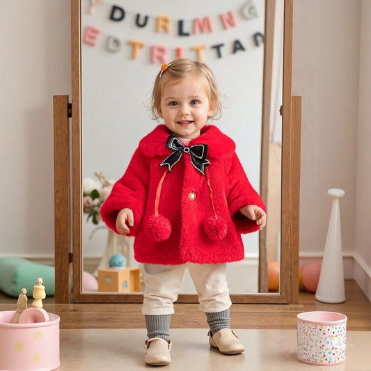 Winter Clothes Bow Solid Color Lapel Fleece-Lined Baby Girl