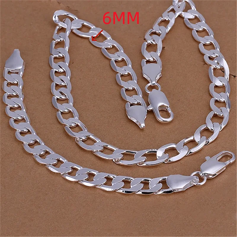 925 Sterling Silver Classic men 6MM 8MM Chain Bracelets necklace Jewelry set for woman Charm Fine Fashion wedding gifts