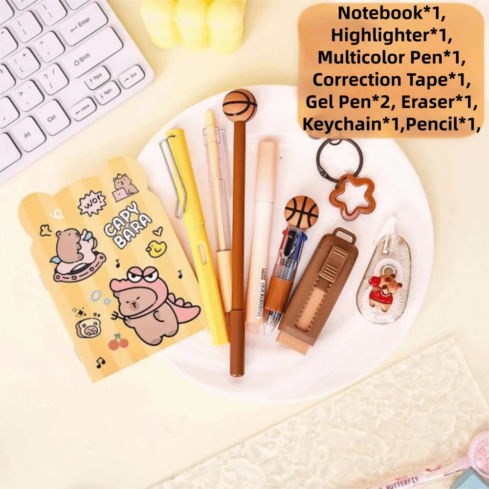 Cartoon School Stationery Set 6 Color Pens Stick Note Student Tools Gift Kit Eraser Large Capacity Learning Gift Box
