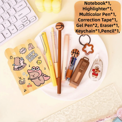 Cartoon School Stationery Set 6 Color Pens Stick Note Student Tools Gift Kit Eraser Large Capacity Learning Gift Box