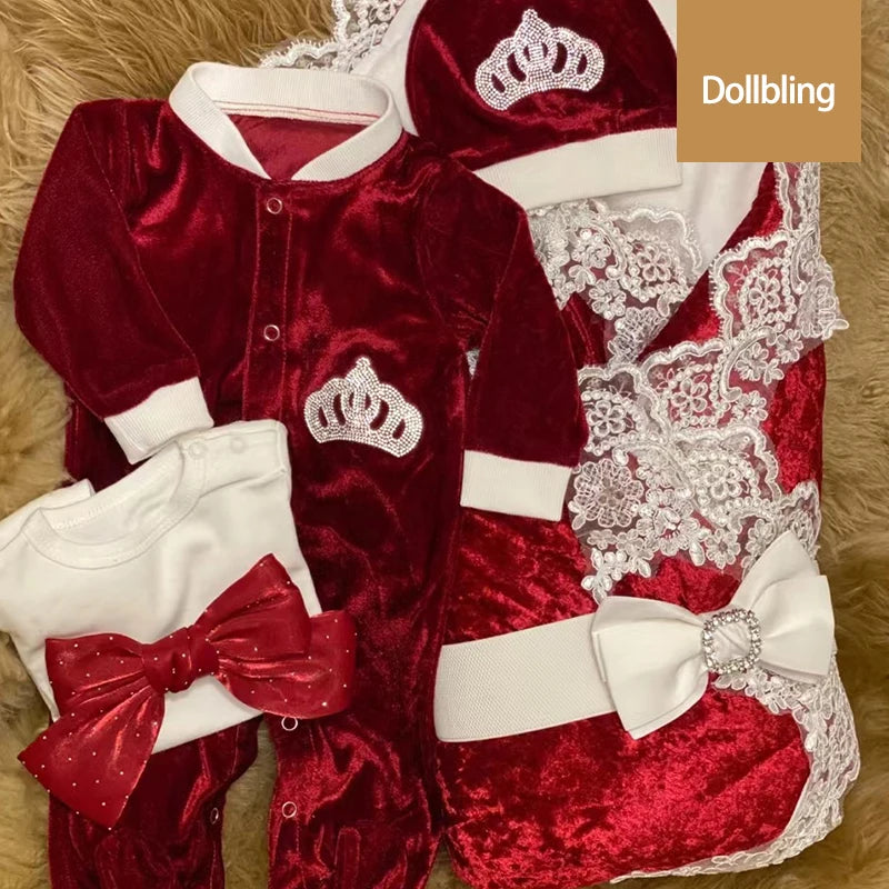 Royal Blue Velvet Baby Romper Outfits Set Welcome Home Nursery Infant Nest Luxury Crown Receiving Blanket Outfit Set
