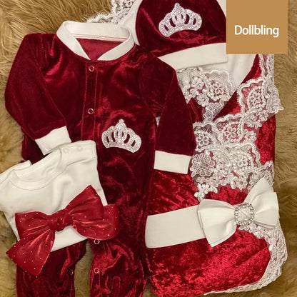 Royal Blue Velvet Baby Romper Outfits Set Welcome Home Nursery Infant Nest Luxury Crown Receiving Blanket Outfit Set