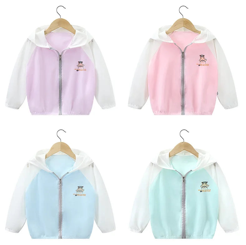 Summer Girls UV Sun Protection Clothing Thin Hooded Jacket for Kids Breathable Air Conditioner Shirt Clothes 2-10 Years