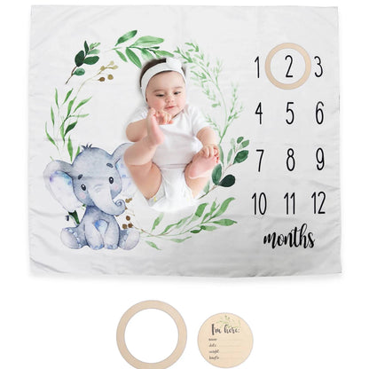 Baby Milestone Blanket Set, Monthly Growth Photo Backdrop with Wooden Cards for Newborn Photography