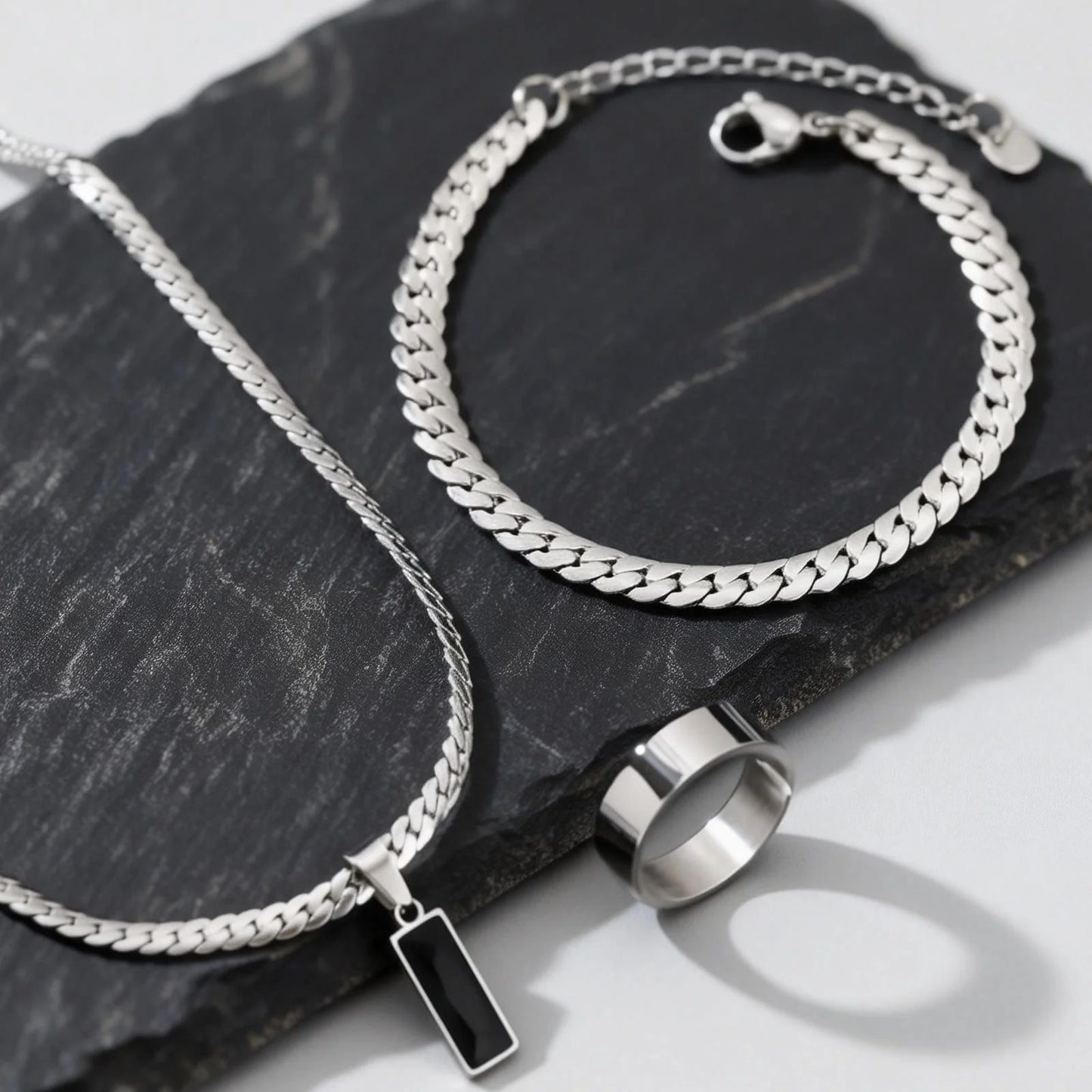 Stylish 3pcs Men's Flat Cuban Chain Jewelry Set,Stainless Steel Geometric Stone Pendent,Hip Hop Jewelry Gifts for Dad Son Him
