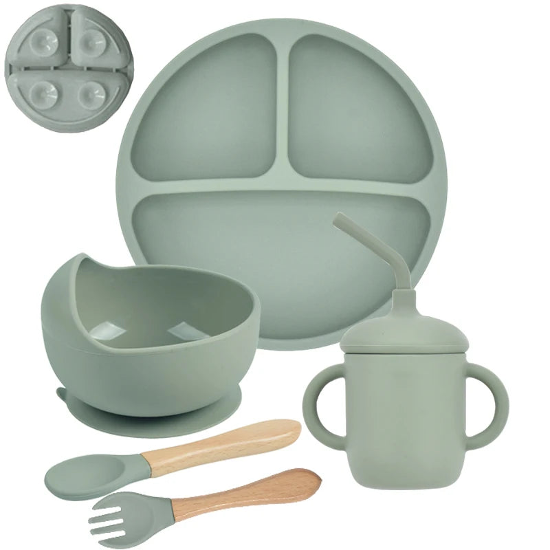 5Pcs/Set Baby Soft Silicone Tableware Kid Feeding Dishe Sucker Plate Bowl Spoon Fork Set Children Dishes Non-slip Dinnerware Set