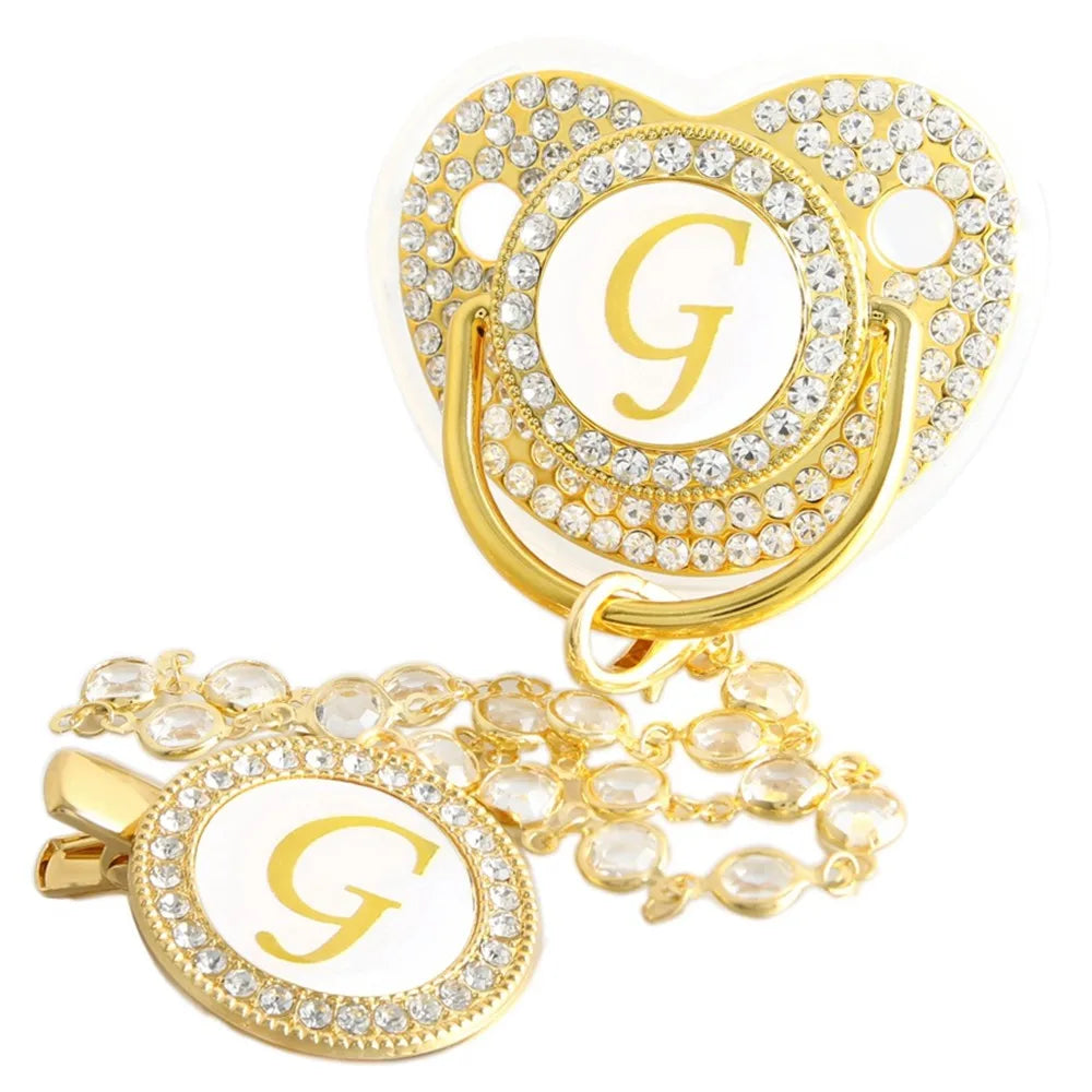 26 Initial Letters Golden Baby Pacifier With Diamond Chain Clip