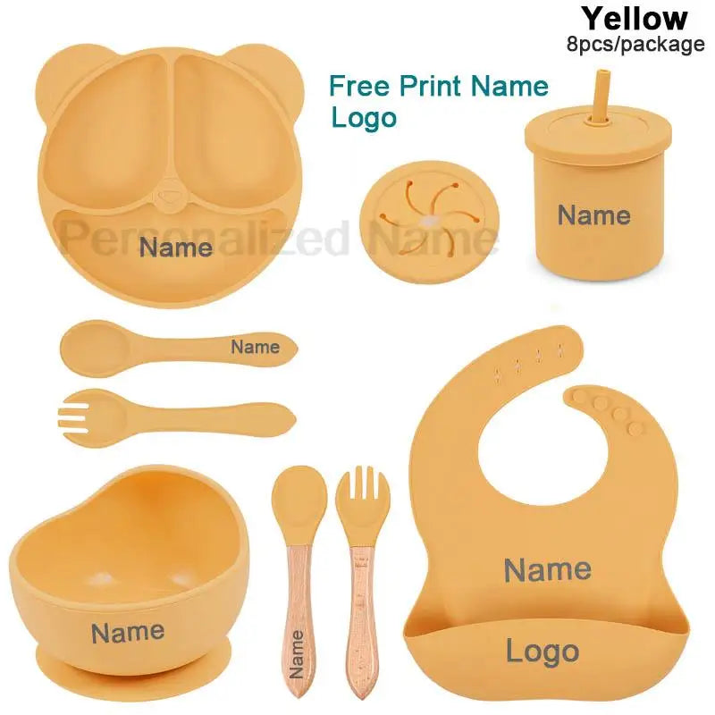 Silicone Sucker Bowl Plate Cup Bibs Spoon Fork Sets Personalized Name Children's Feeding Dishes Silicone Tableware Set For Kids