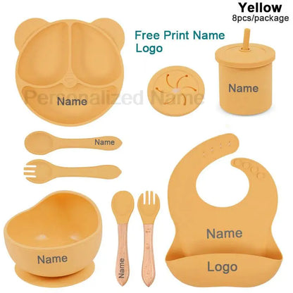 Silicone Sucker Bowl Plate Cup Bibs Spoon Fork Sets Personalized Name Children's Feeding Dishes Silicone Tableware Set For Kids