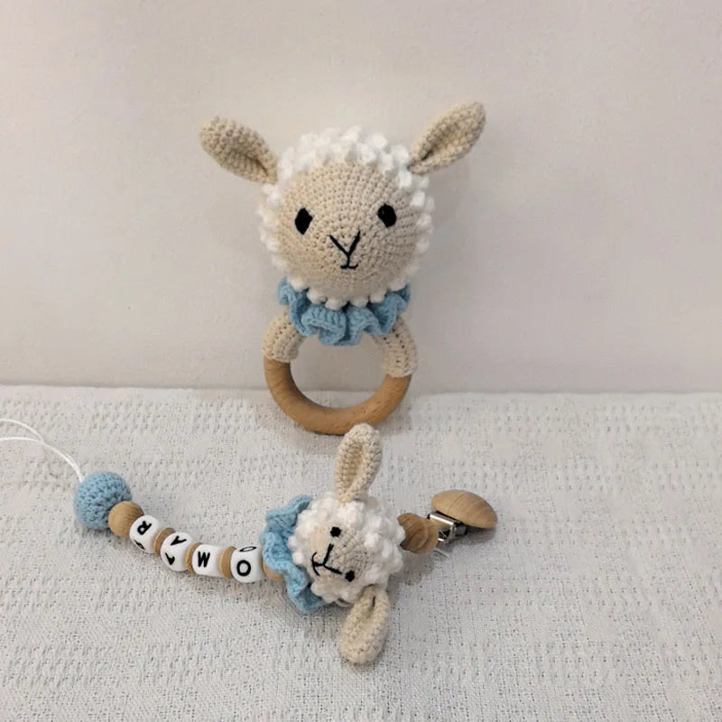 Newborn Educational Ring Teething Toy Baby Cartoon Lamb sheep Wooden Ring Rattle Crochet Wool Toy Customize Pacifier chain Towel