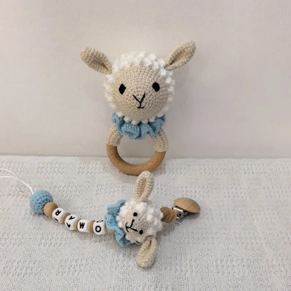 Newborn Educational Ring Teething Toy Baby Cartoon Lamb sheep Wooden Ring Rattle Crochet Wool Toy Customize Pacifier chain Towel