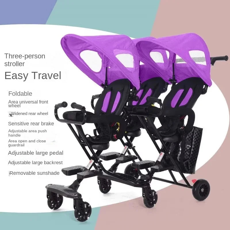 Triplet Stroller One-key Folding Detachable Universal Roller with Brake Anti-rollover Multiple Children Baby Stroller