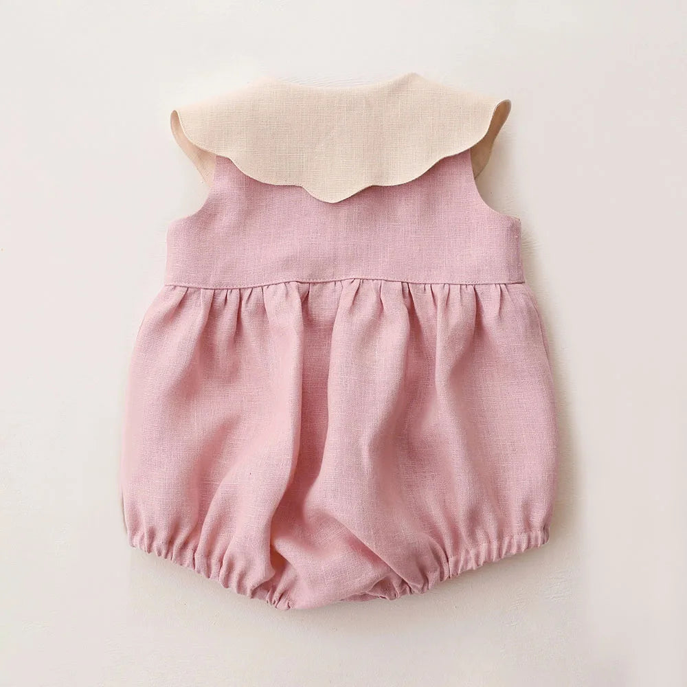 Baby Girls Cotton Linen Romper, Sleeveless Embroidered Summer Outfit (0–2 Years)