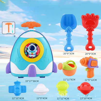 Kids Pull-Along Suitcase Beach Toys - Complete Astronaut Spaceship Sand Set with Bucket, Rake, Molds, Outdoor Beach Games