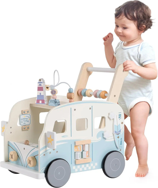 Robotime Robud Wooden Baby Walker Baby Push Along Activity Walkers with Wheels Multifunctional Baby Walker Gift for Boy Grils