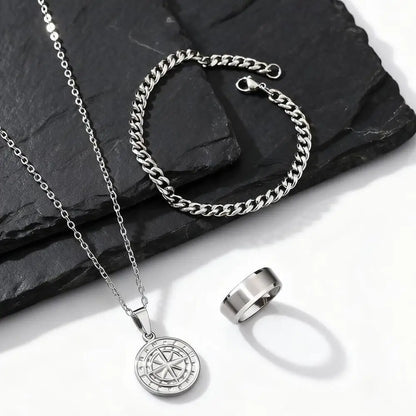 3pcs Classic Compass Necklace Set Gift for Men,Silver Gold Color Stainless Steel Bracelet Ring,Simple Jewelry Set