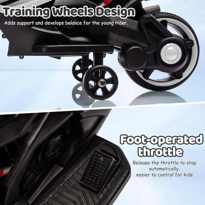 Kids Ride On Motorcycle, 6V Electric Motorcycle, w/Horn, Headlight, Music, Training Wheels, Ride On Toys for Kids Boys Girls