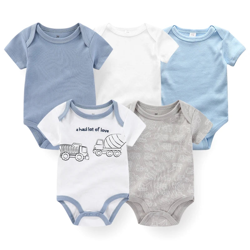5-Piece Newborn Baby Bodysuit Set, Unisex Cotton Sleeveless Rompers with Cartoon and Solid Color Designs for Boys and Girls