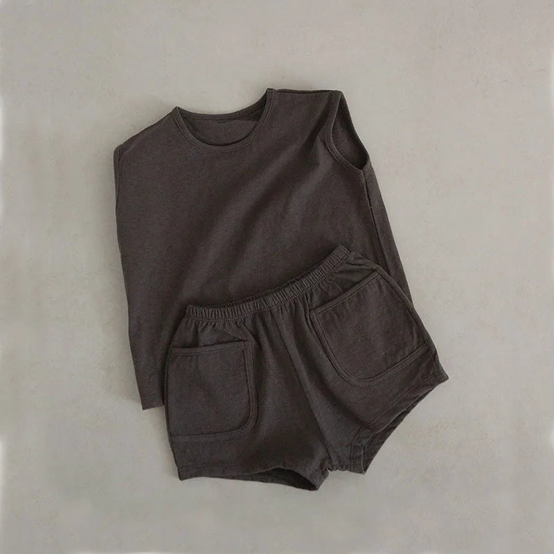 Summer Baby & Boys Tank Top Tees Shorts Set 100% Cotton Solid Two Pieces Sets