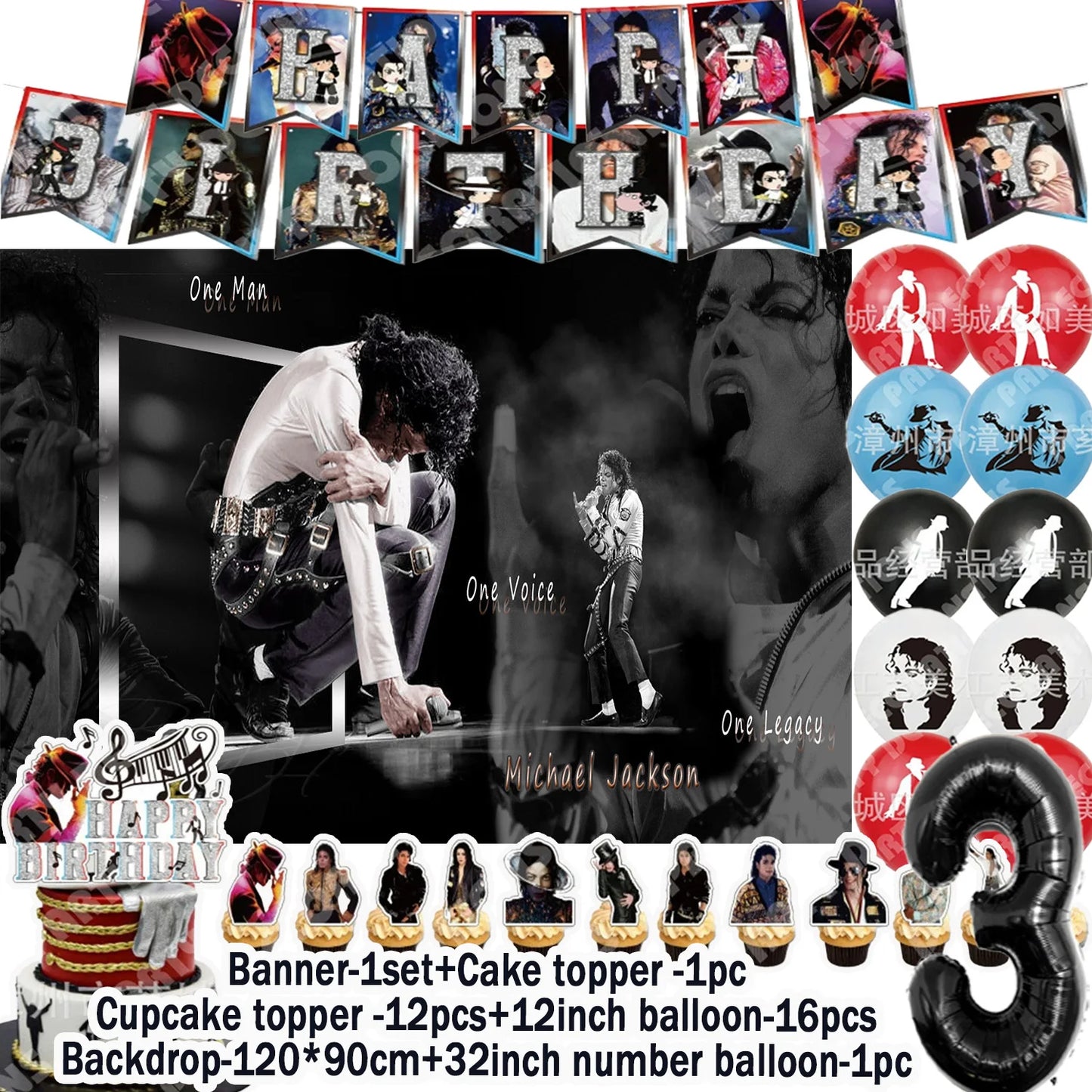 Music&Michael&J-jackson Birthday Party Supplies Banner Latex Balloons Cake Topper Cupcake Toppers Backdrop Fans Kids Adults Gift