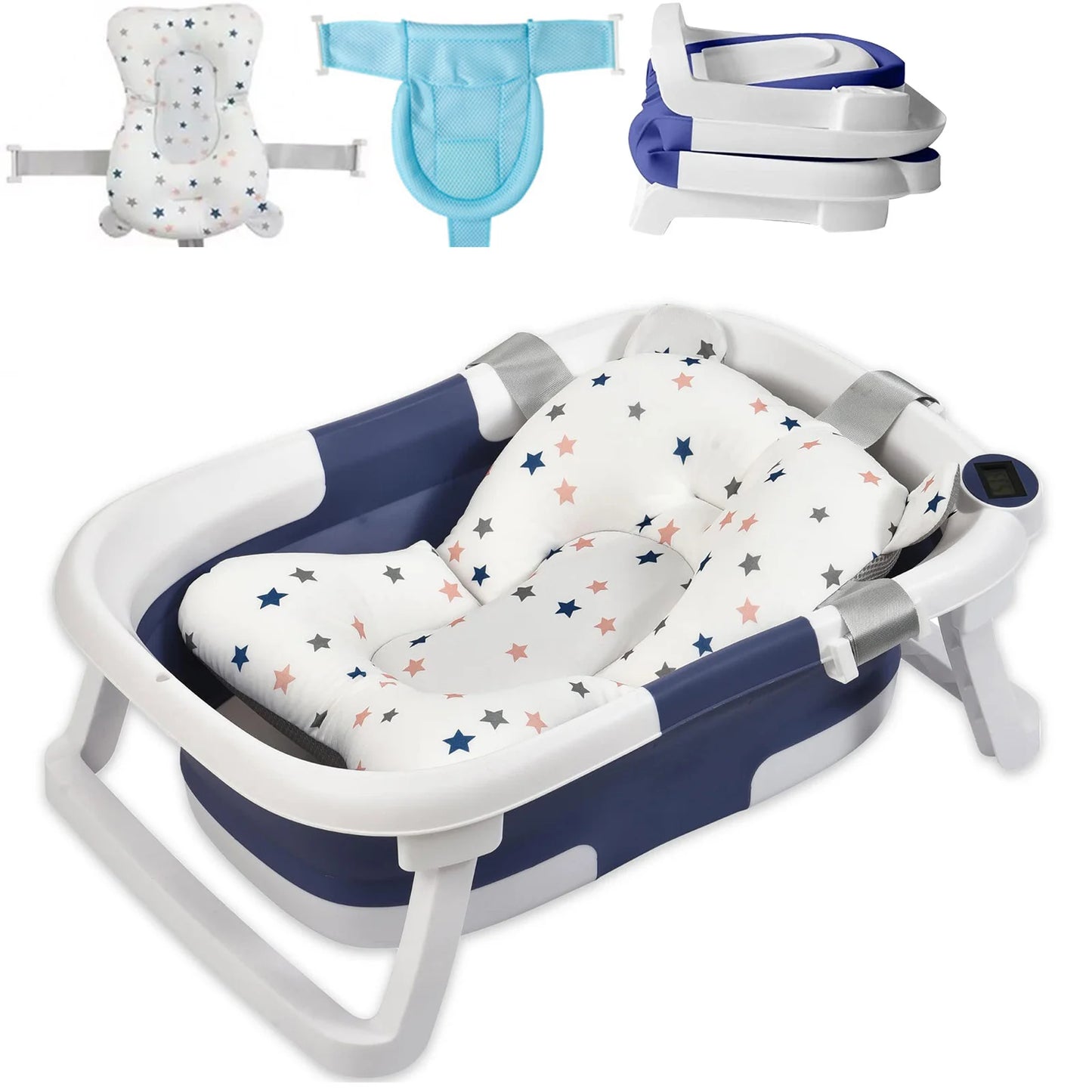 Foldable Baby Bath Tub with Bath Cushion Infant Tub with Thermometer Non-Slip Collapsible Baby Bathtub Newborn to Toddler