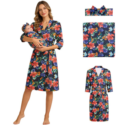 Maternity Robe Matching Baby Receiving Blanket Mommy Labor Delivery Night-robe with Swaddle Set Hospital Home Nursing Clothing