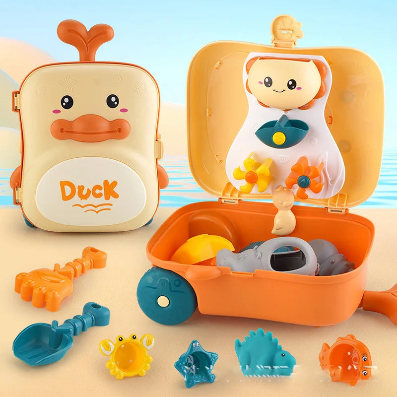 Kids Pull-Along Suitcase Beach Toys - Complete Astronaut Spaceship Sand Set with Bucket, Rake, Molds, Outdoor Beach Games