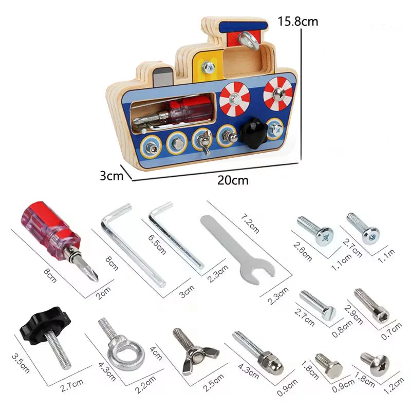 Montessori Wooden LED Light Busy Board Sensory Toy Baby Simulation Nut Screw Tool Kids Fine Motor Skills Educational Travel Toy